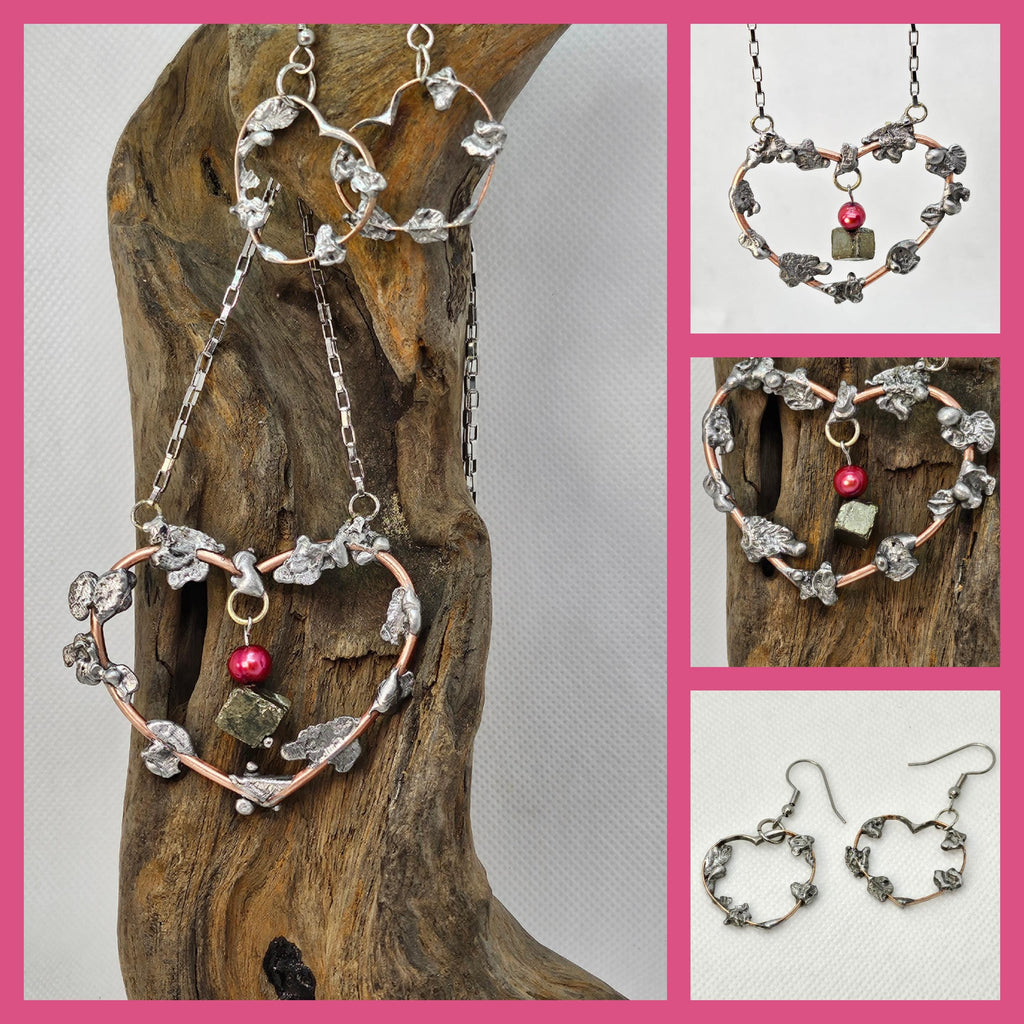 Handmade Pearl & Pyrite Pendant Necklace Earrings Set
