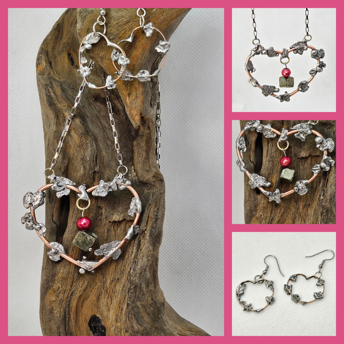 Handmade Pearl & Pyrite Pendant Necklace Earrings Set