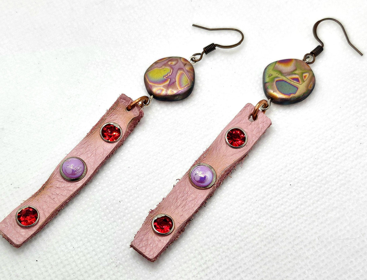 Rustic Leather Earrings: Studded Stainless Steel Hooks