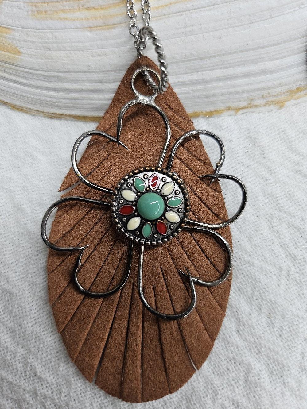 Turquoise Leather Pendant: Fish Hook Stainless Steel Chain