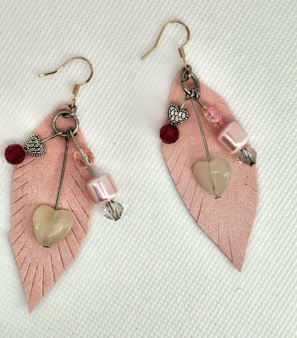 Leather Feather Earrings: Agate, Hematite, Rose Gold Hooks