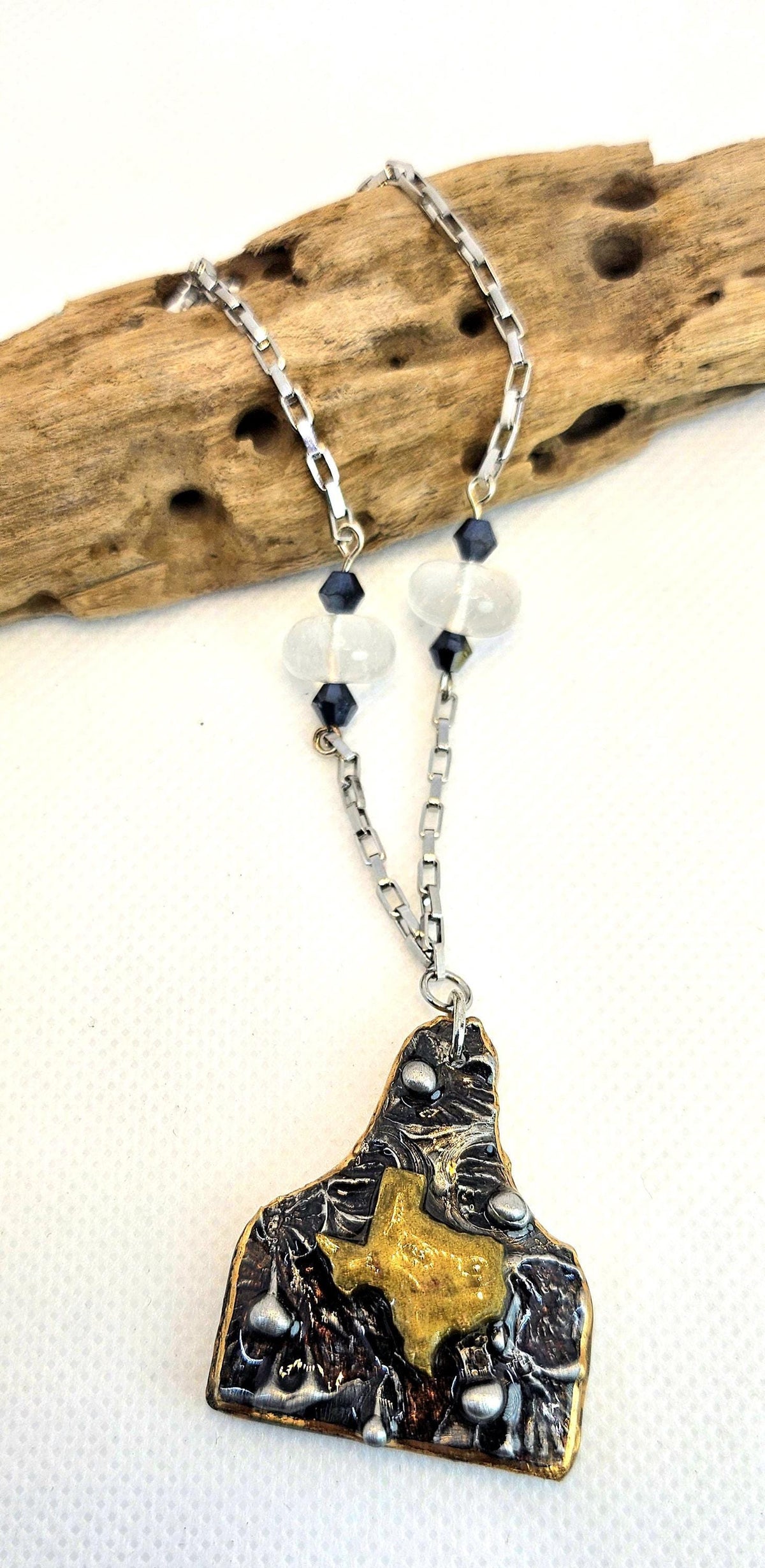 Silver Soldered Cow Tag Pendant: Clear Quartz, Stainless Steel Chain
