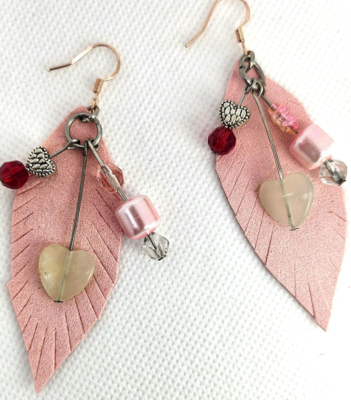 Leather Feather Earrings: Agate, Hematite, Rose Gold Hooks