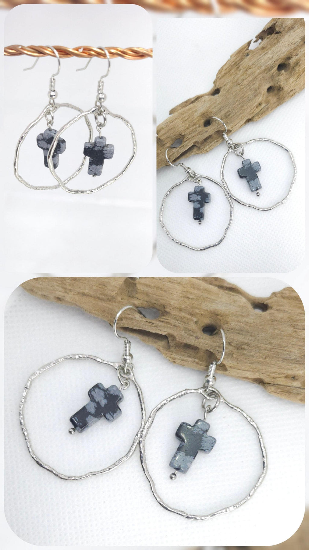 Snowflake Obsidian Cross Earrings: Elegant Stone Drops