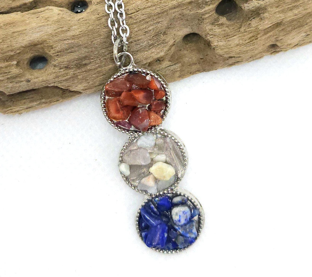 Red White Blue Chip Stone Pendant: Stainless Steel Chain