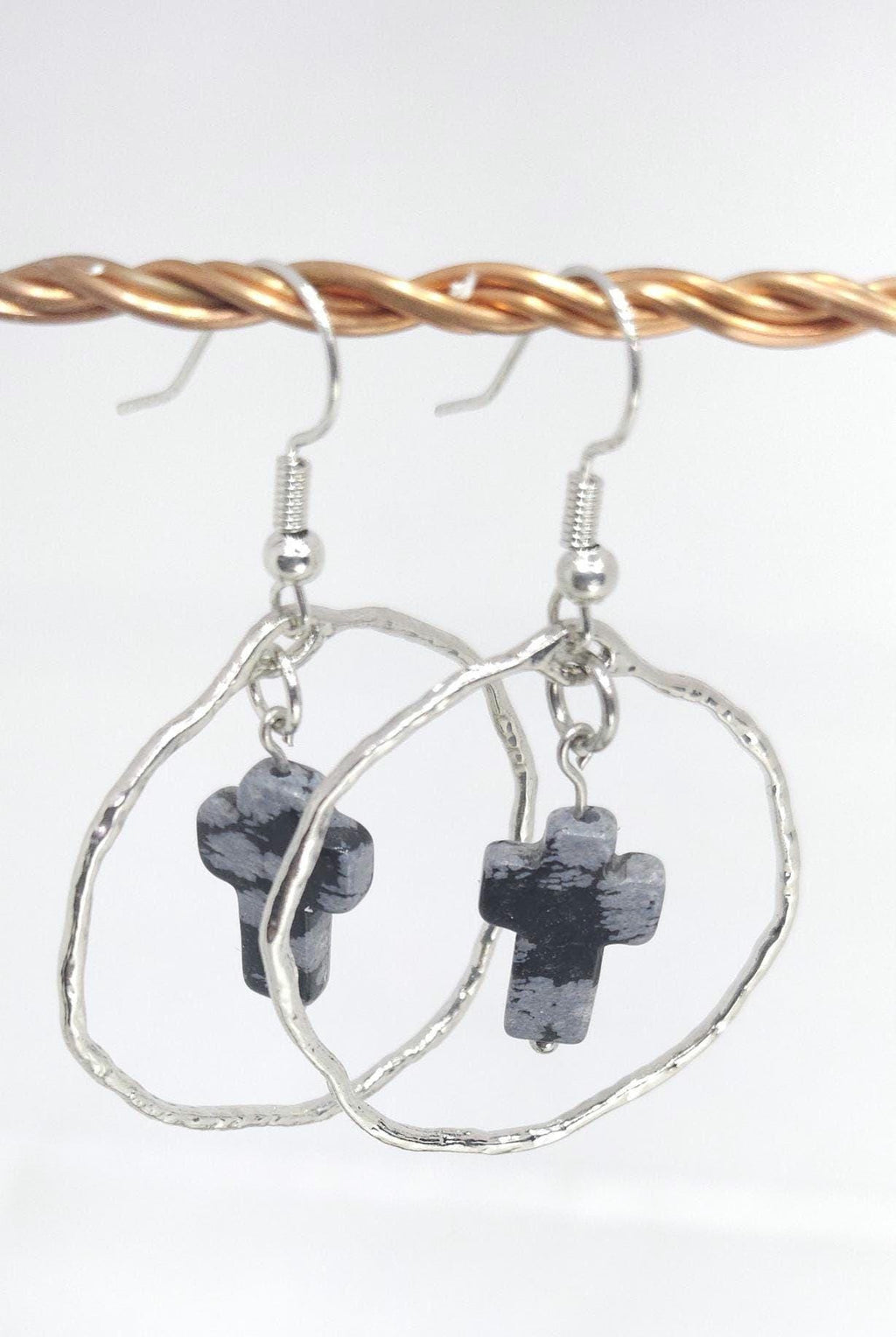 Snowflake Obsidian Cross Earrings: Elegant Stone Drops