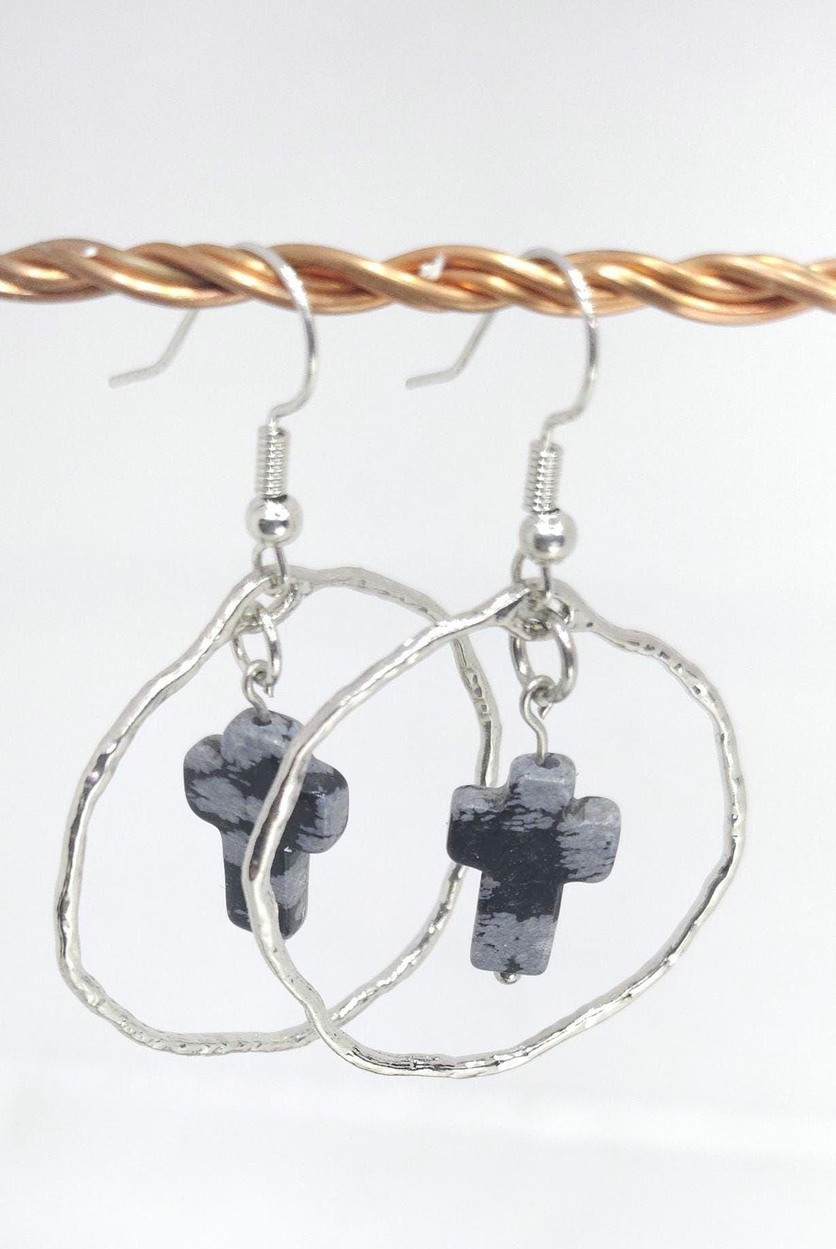 Snowflake Obsidian Cross Earrings: Elegant Stone Drops