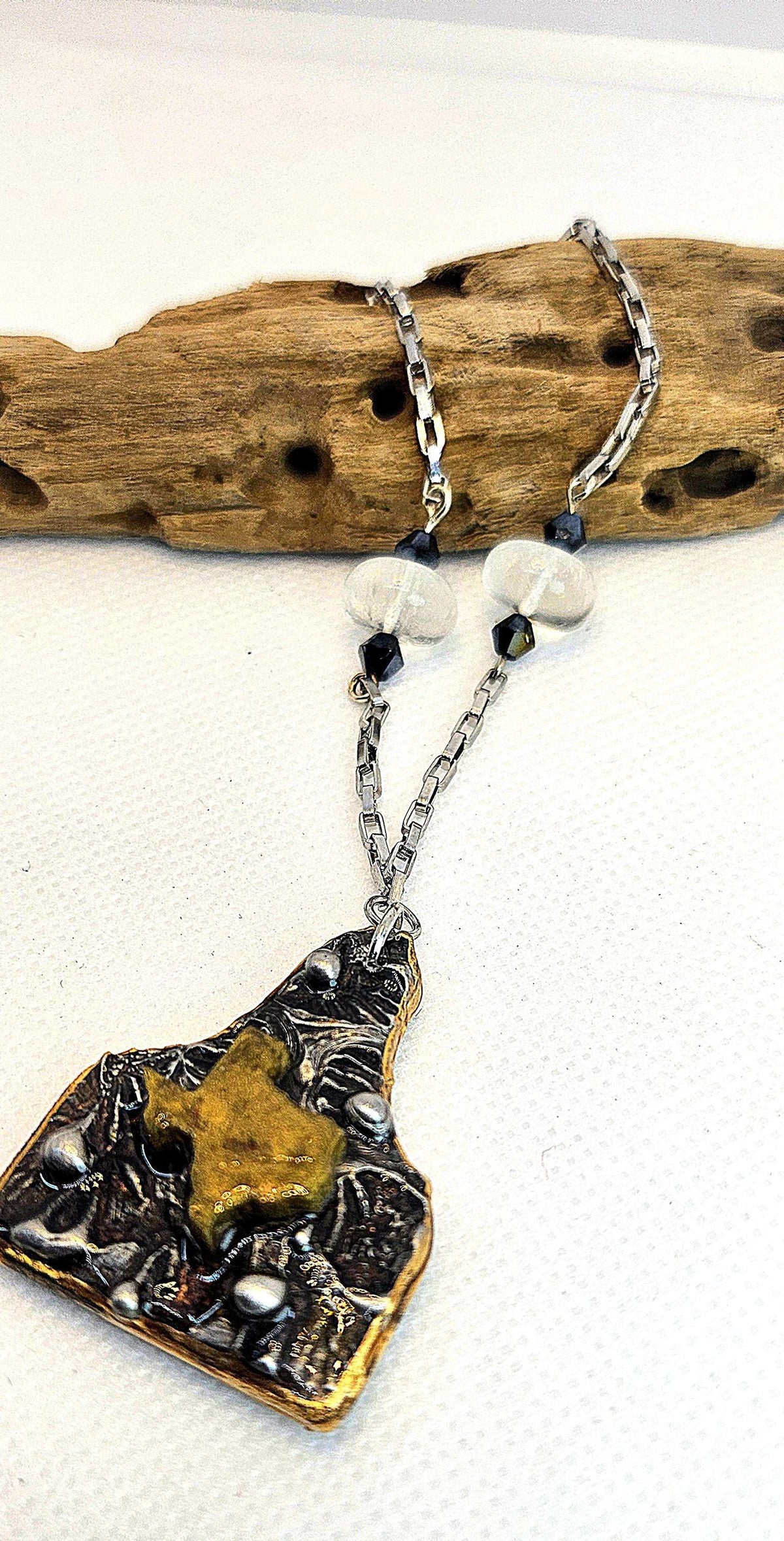 Silver Soldered Cow Tag Pendant: Clear Quartz, Stainless Steel Chain