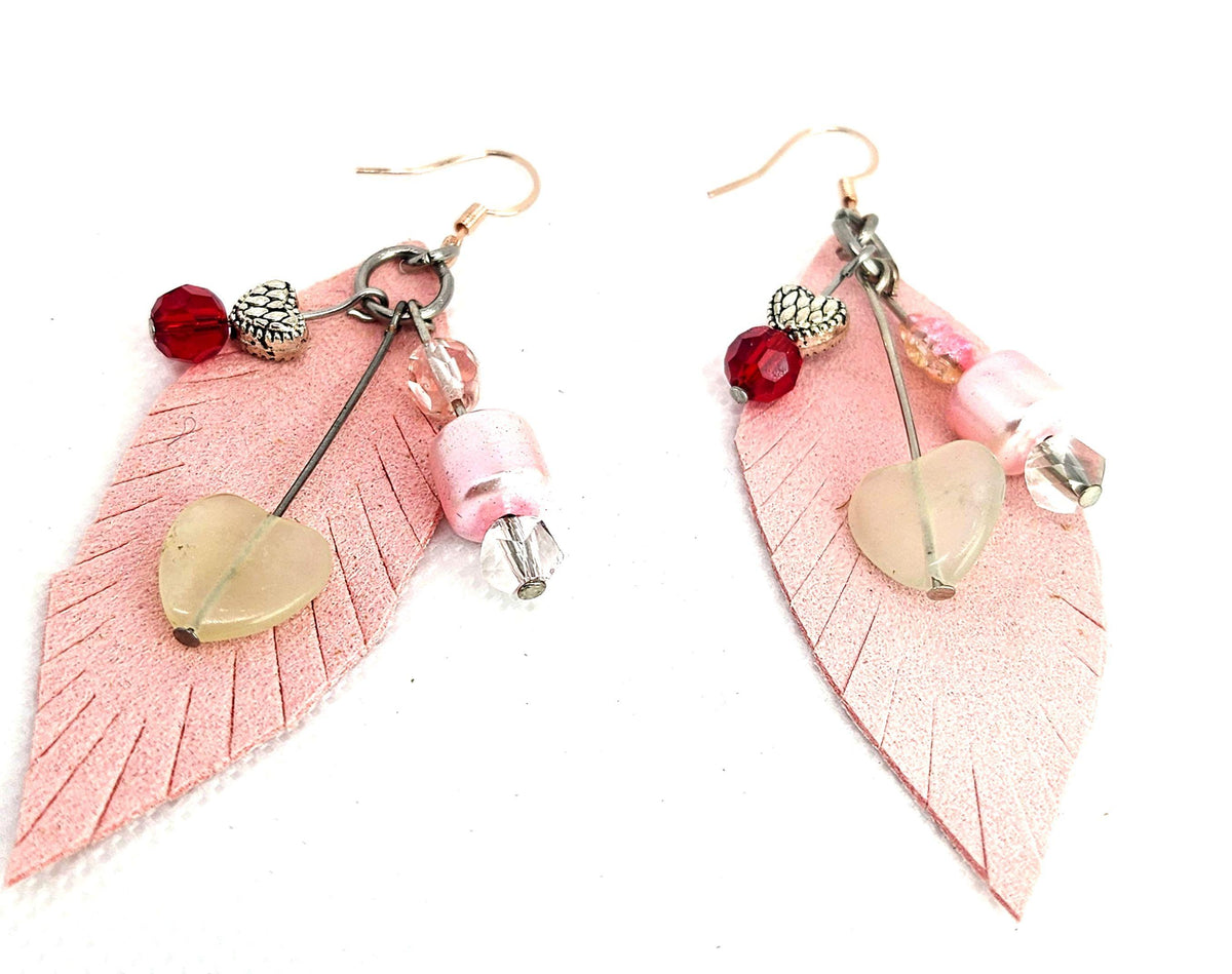 Leather Feather Earrings: Agate, Hematite, Rose Gold Hooks
