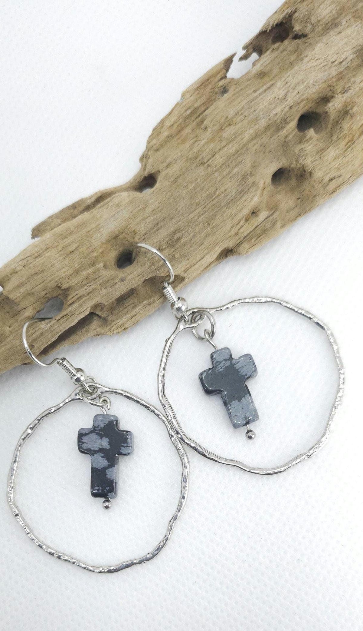 Snowflake Obsidian Cross Earrings: Elegant Stone Drops