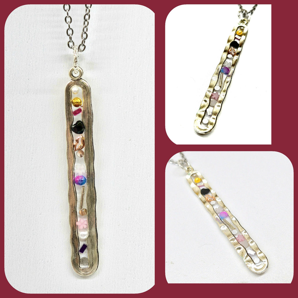 Stone Confetti Pendant with Multi Gem-Stone Design on Stainless Steel Chain - Boho Rustic Jewelry