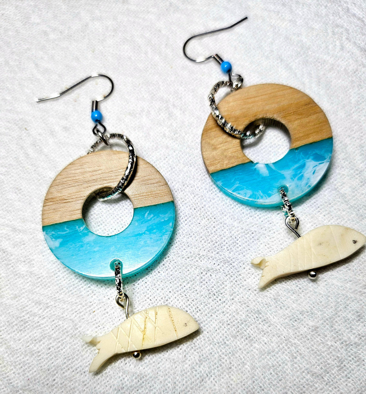 Wood Resin Earrings: Bone Fish Dangle, Stainless Steel Hooks