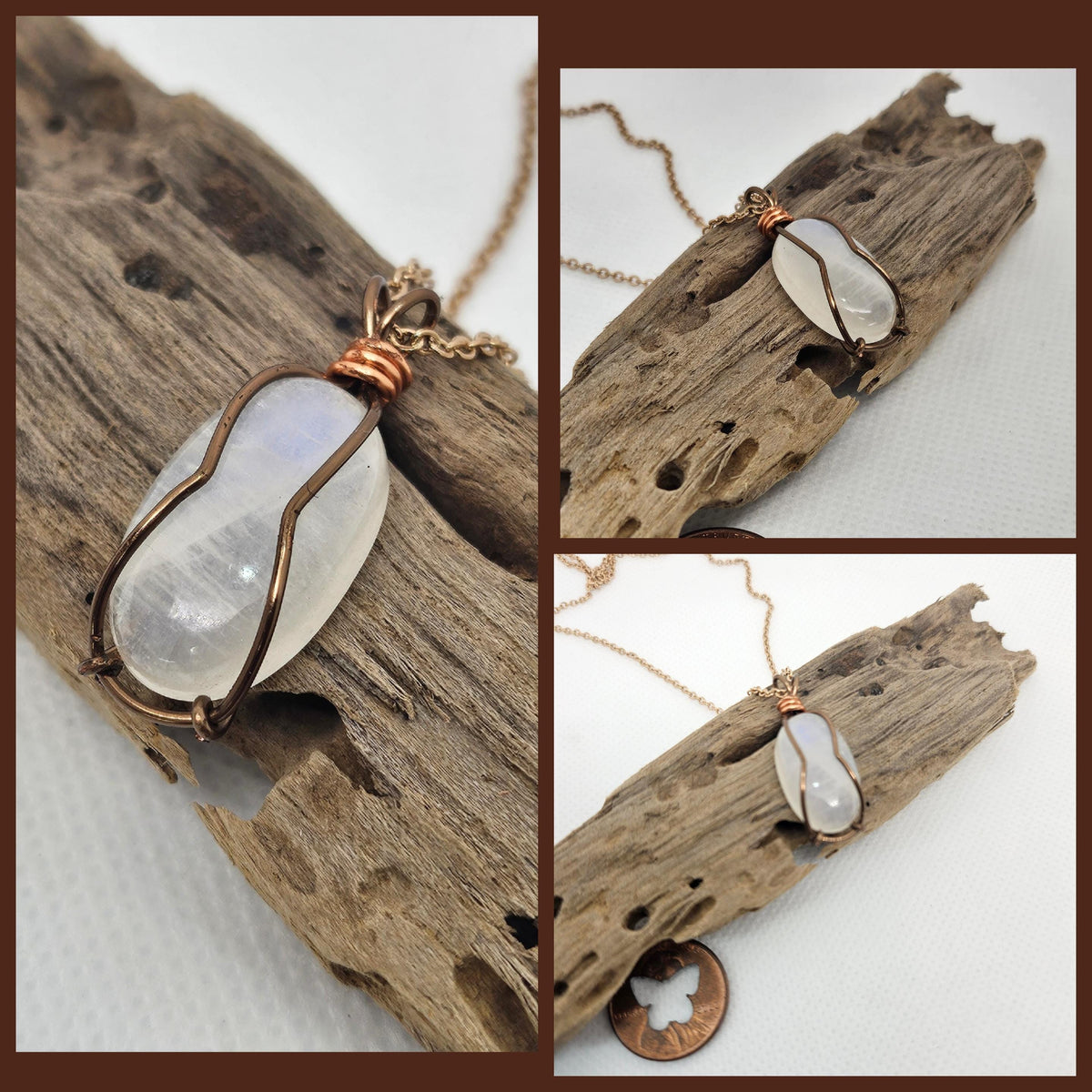 Moonstone Pendant: Copper Wire Wrapped with Stainless Steel Chain