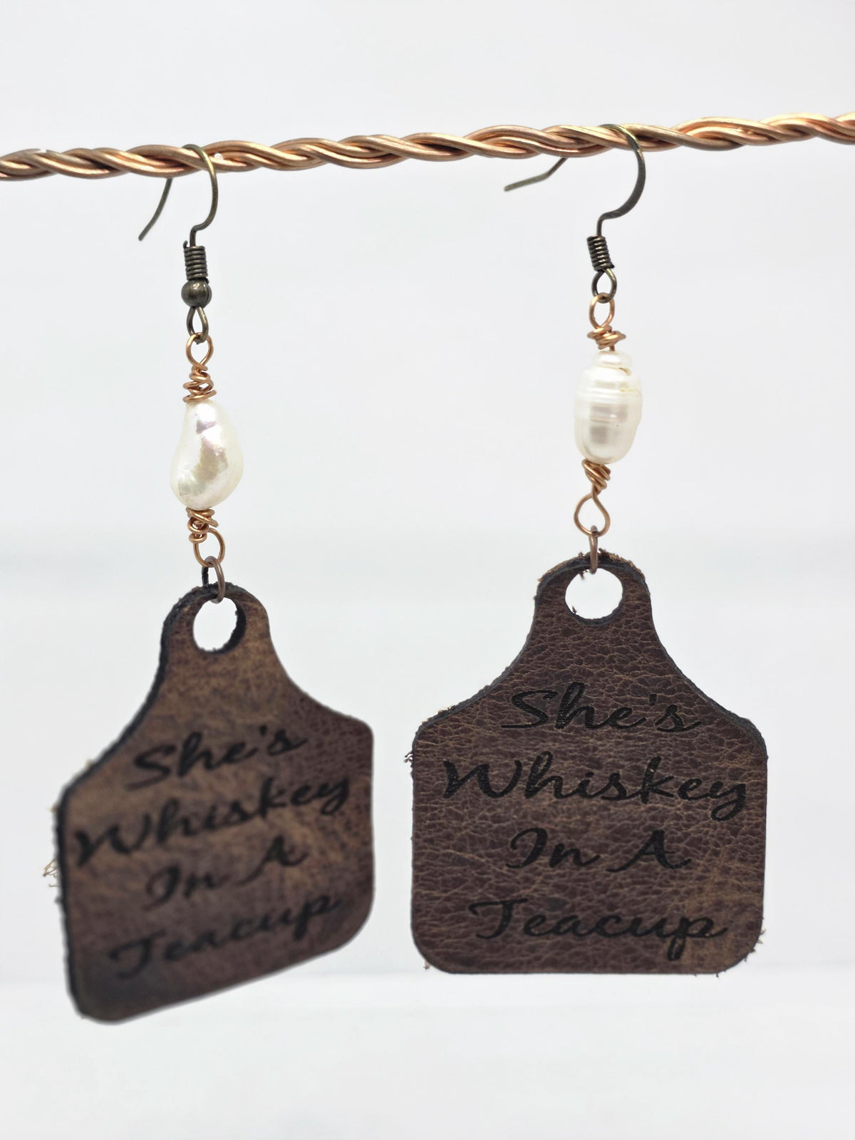 Handmade Leather Earrings: Copper Wire Wrapped Pearl, Western Boho