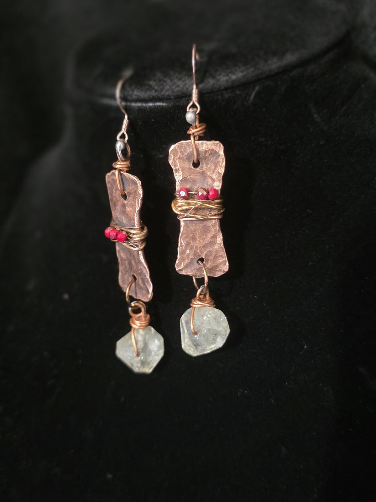 From Rust to Redemption Earrings | Hammered Copper & Prehnite Earrings with Red Accents | Rustic Boho Artisan Jewelry | Unbroken Collection