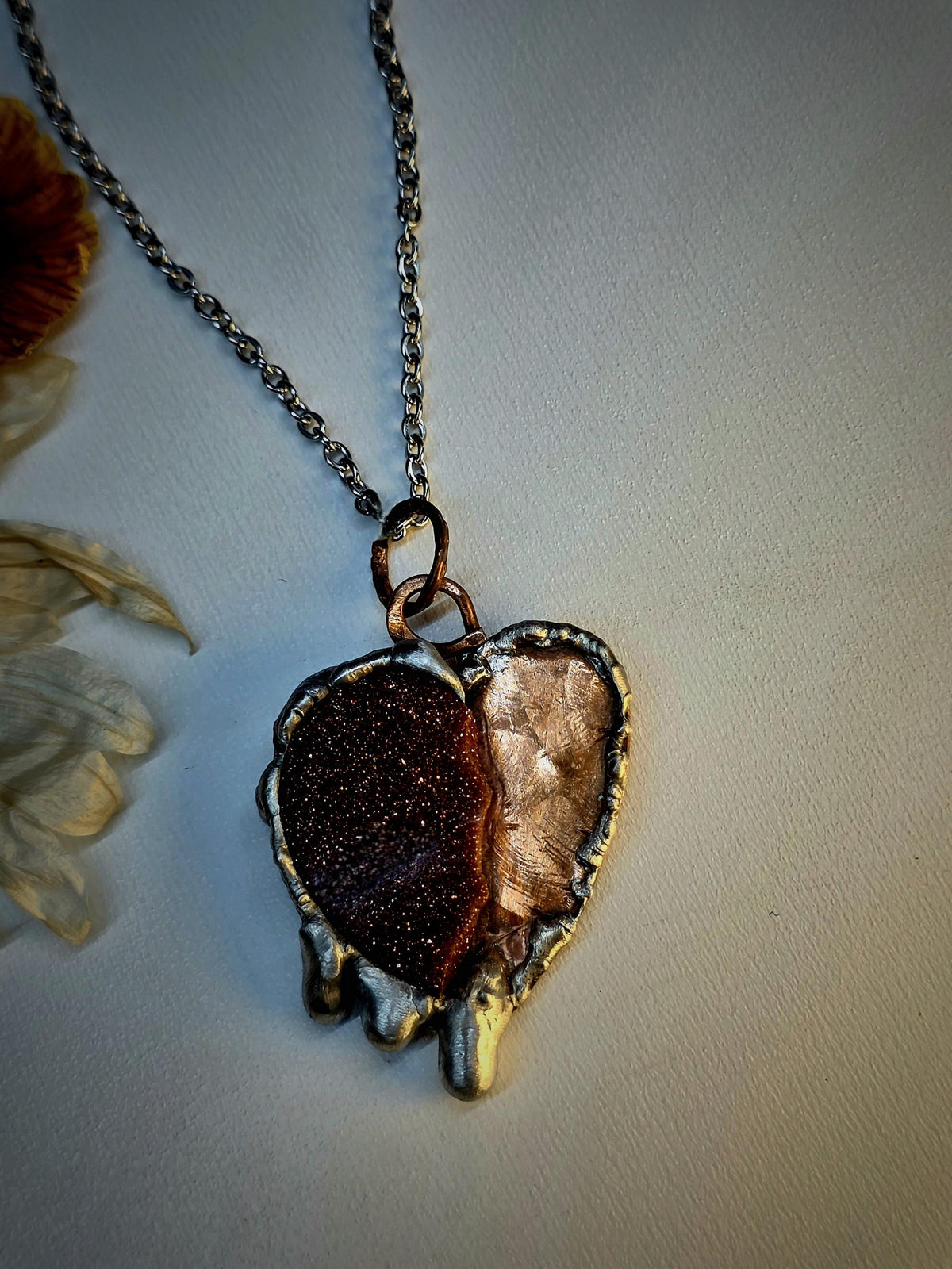 Handmade Copper & Goldstone Heart Necklace – Rustic Artisan Pendant