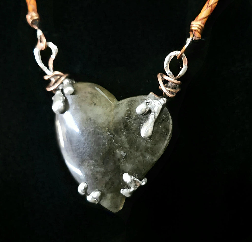Bound Heart Necklace – Rustic Claw-Set Stone Pendant, Handmade Mixed Metal Jewelry, Labradorite Heart Necklace| Unbroken Collection