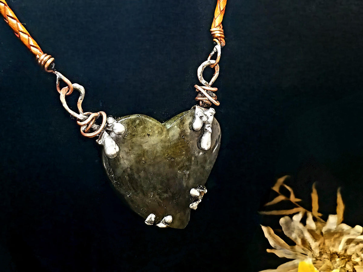 Bound Heart Necklace – Rustic Claw-Set Stone Pendant, Handmade Mixed Metal Jewelry, Labradorite Heart Necklace| Unbroken Collection