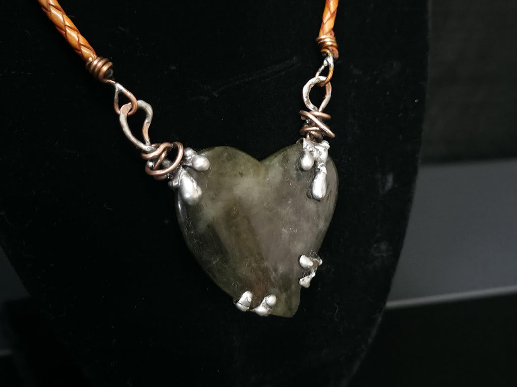 Bound Heart Necklace – Rustic Claw-Set Stone Pendant, Handmade Mixed Metal Jewelry, Labradorite Heart Necklace| Unbroken Collection