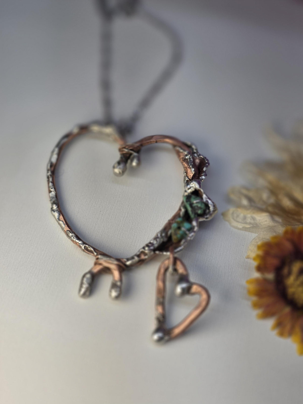 Still Connected – Forged Copper and Silver Heart Pendant with Turquoise | Unbroken Collection