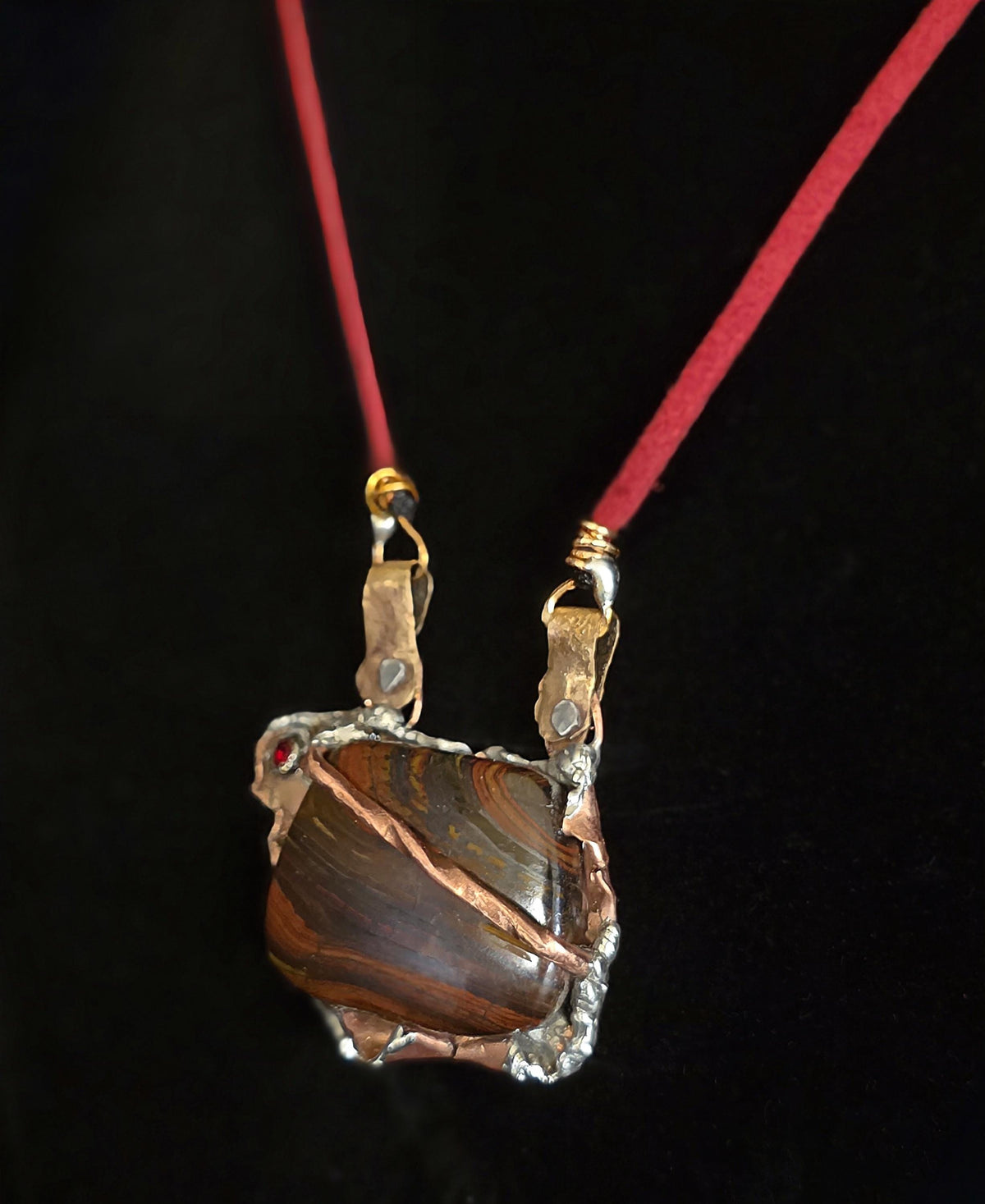 Molten Pendant | Handcrafted Tiger Iron Necklace, Rustic Copper & Silver Solder Pendant, Red Leather Cord, Bold Artisan-UNBROKEN