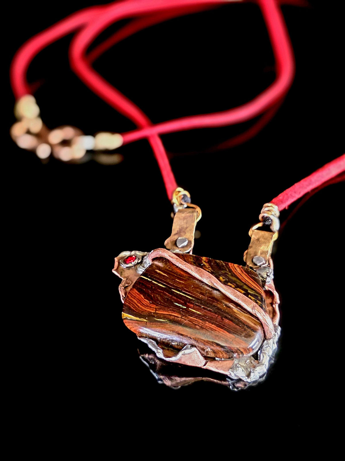 Molten Pendant | Handcrafted Tiger Iron Necklace, Rustic Copper & Silver Solder Pendant, Red Leather Cord, Bold Artisan-UNBROKEN