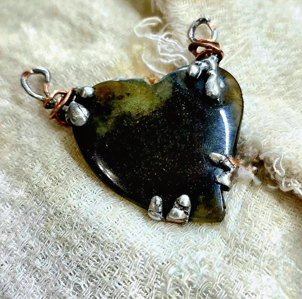 Bound Heart Necklace – Rustic Claw-Set Stone Pendant, Handmade Mixed Metal Jewelry, Labradorite Heart Necklace| Unbroken Collection
