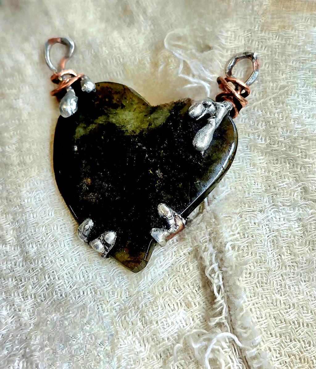 Bound Heart Necklace – Rustic Claw-Set Stone Pendant, Handmade Mixed Metal Jewelry, Labradorite Heart Necklace| Unbroken Collection