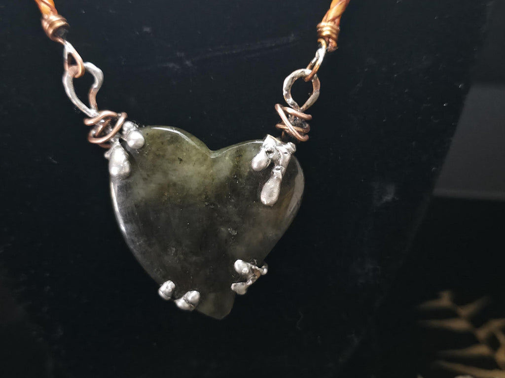 Bound Heart Necklace – Rustic Claw-Set Stone Pendant, Handmade Mixed Metal Jewelry, Labradorite Heart Necklace| Unbroken Collection