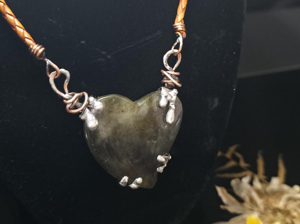 Bound Heart Necklace – Rustic Claw-Set Stone Pendant, Handmade Mixed Metal Jewelry, Labradorite Heart Necklace| Unbroken Collection