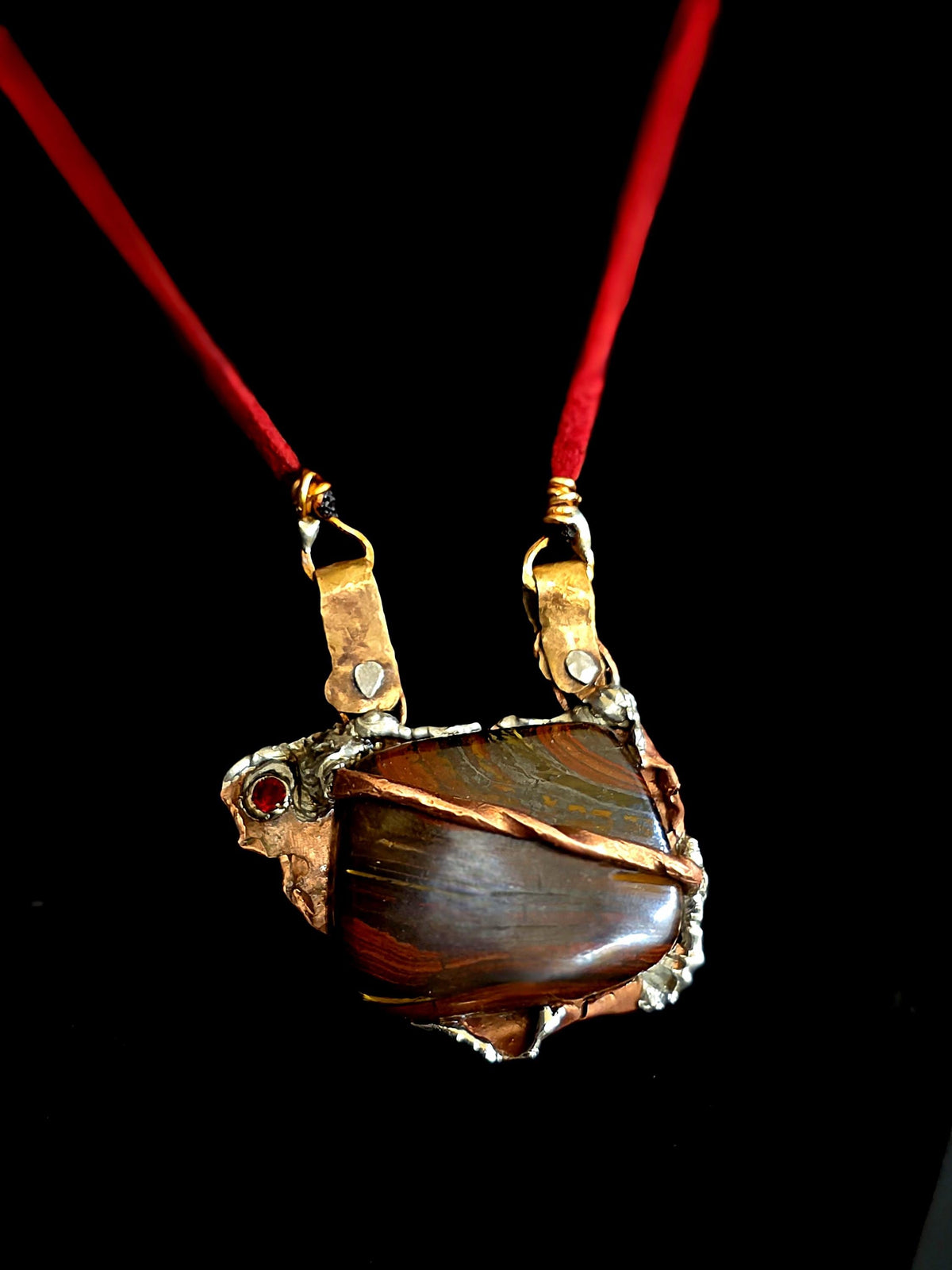 Molten Pendant | Handcrafted Tiger Iron Necklace, Rustic Copper & Silver Solder Pendant, Red Leather Cord, Bold Artisan-UNBROKEN