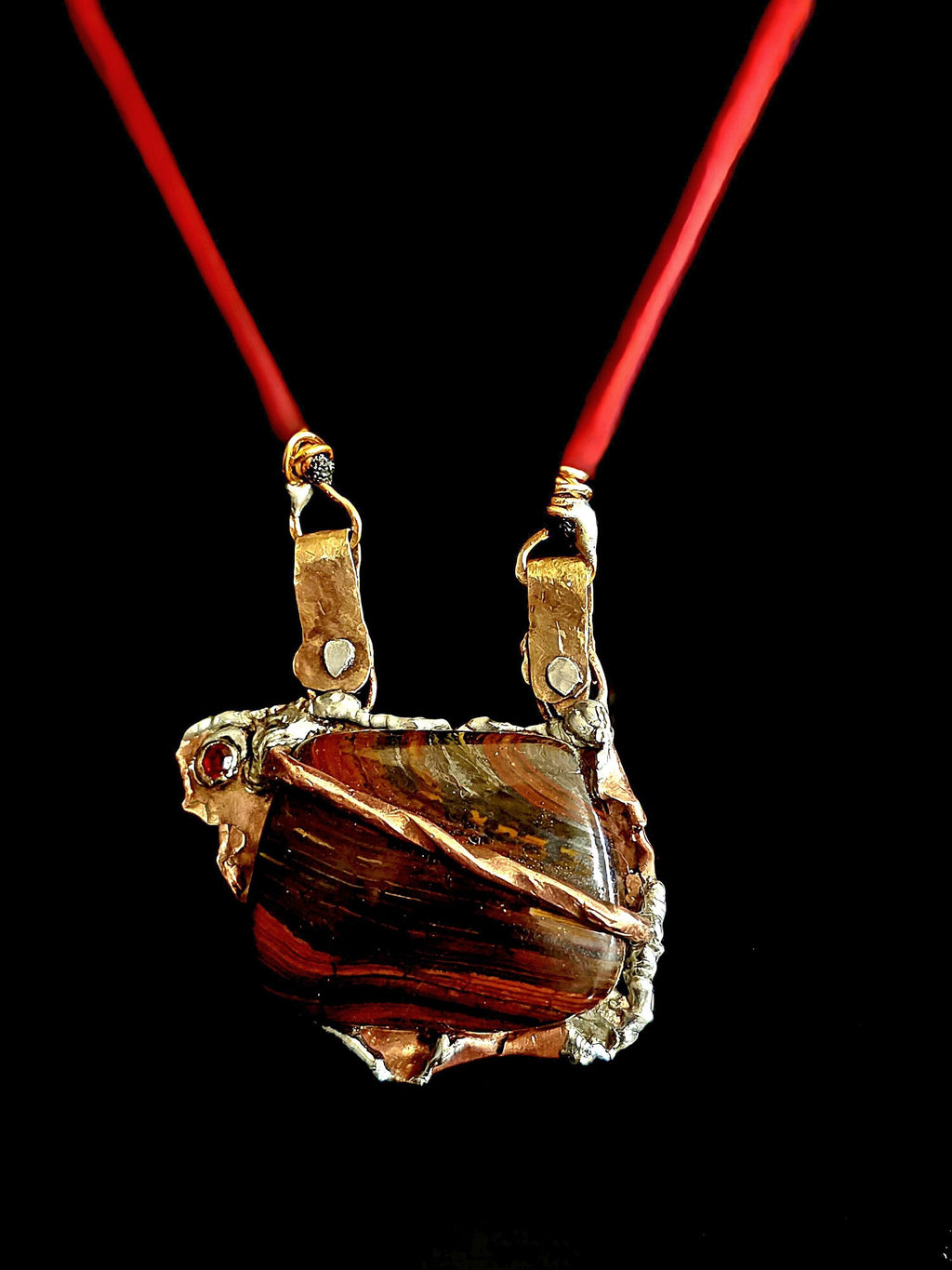Molten Pendant | Handcrafted Tiger Iron Necklace, Rustic Copper & Silver Solder Pendant, Red Leather Cord, Bold Artisan-UNBROKEN