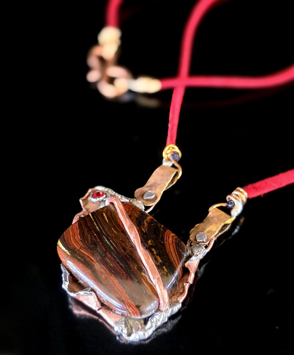 Molten Pendant | Handcrafted Tiger Iron Necklace, Rustic Copper & Silver Solder Pendant, Red Leather Cord, Bold Artisan-UNBROKEN