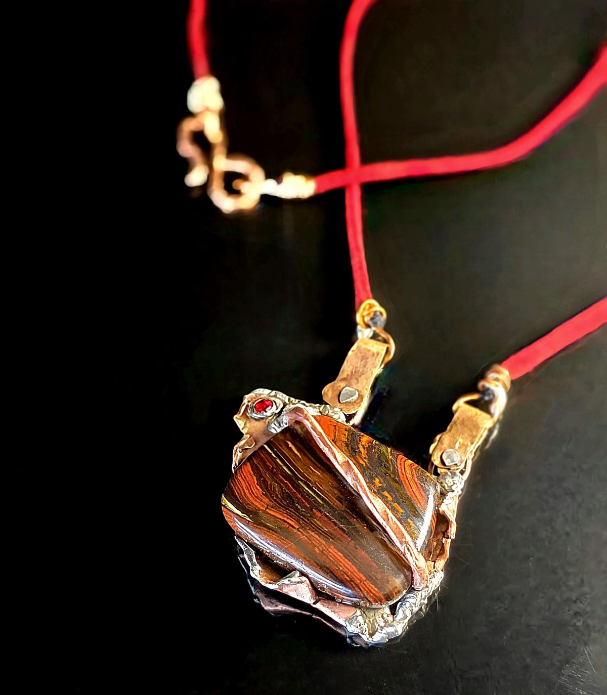 Molten Pendant | Handcrafted Tiger Iron Necklace, Rustic Copper & Silver Solder Pendant, Red Leather Cord, Bold Artisan-UNBROKEN