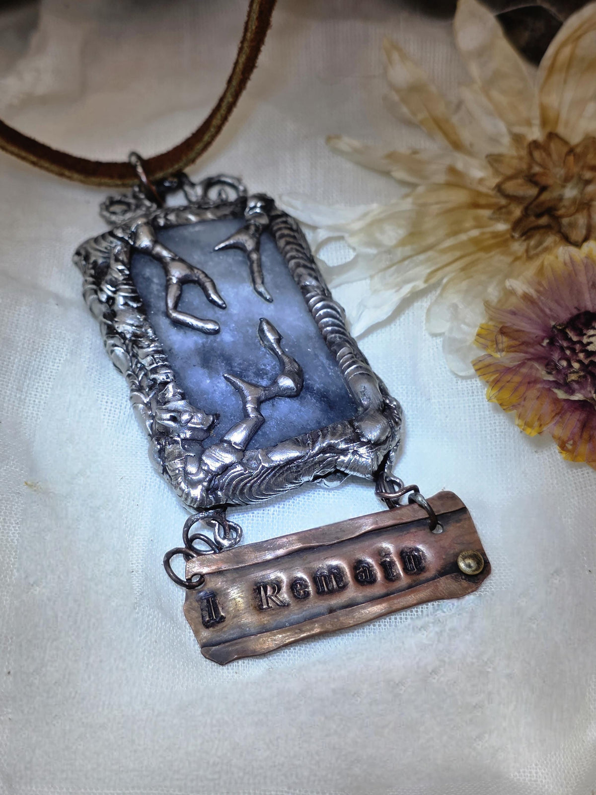 UNBROKEN After the Storm Necklace – Rustic Soldered Stone Pendant with Copper “I Remain” Bar, Survivor Jewelry, Raw Metal Artisan Necklace
