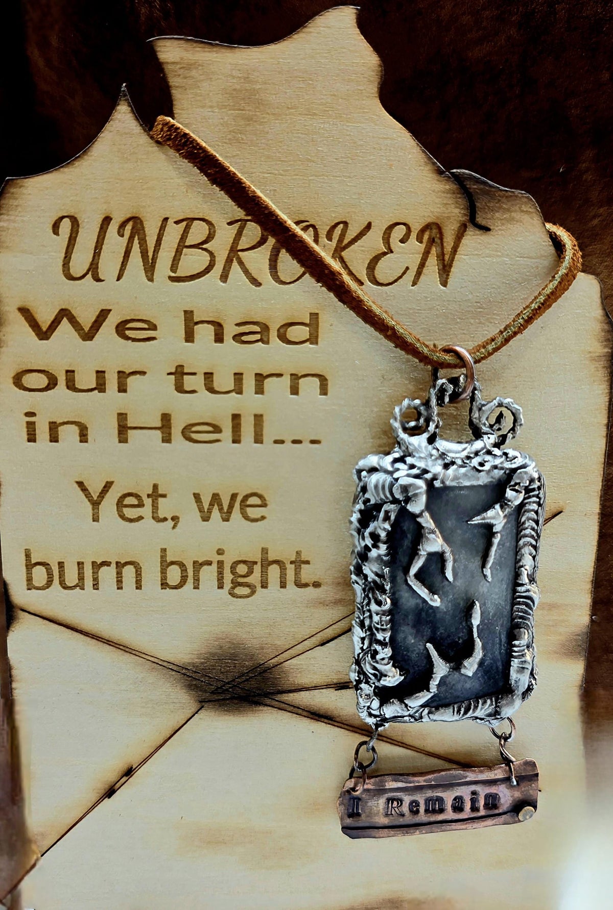 UNBROKEN After the Storm Necklace – Rustic Soldered Stone Pendant with Copper “I Remain” Bar, Survivor Jewelry, Raw Metal Artisan Necklace