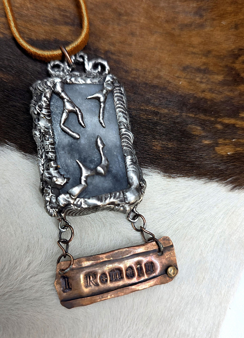 UNBROKEN After the Storm Necklace – Rustic Soldered Stone Pendant with Copper “I Remain” Bar, Survivor Jewelry, Raw Metal Artisan Necklace