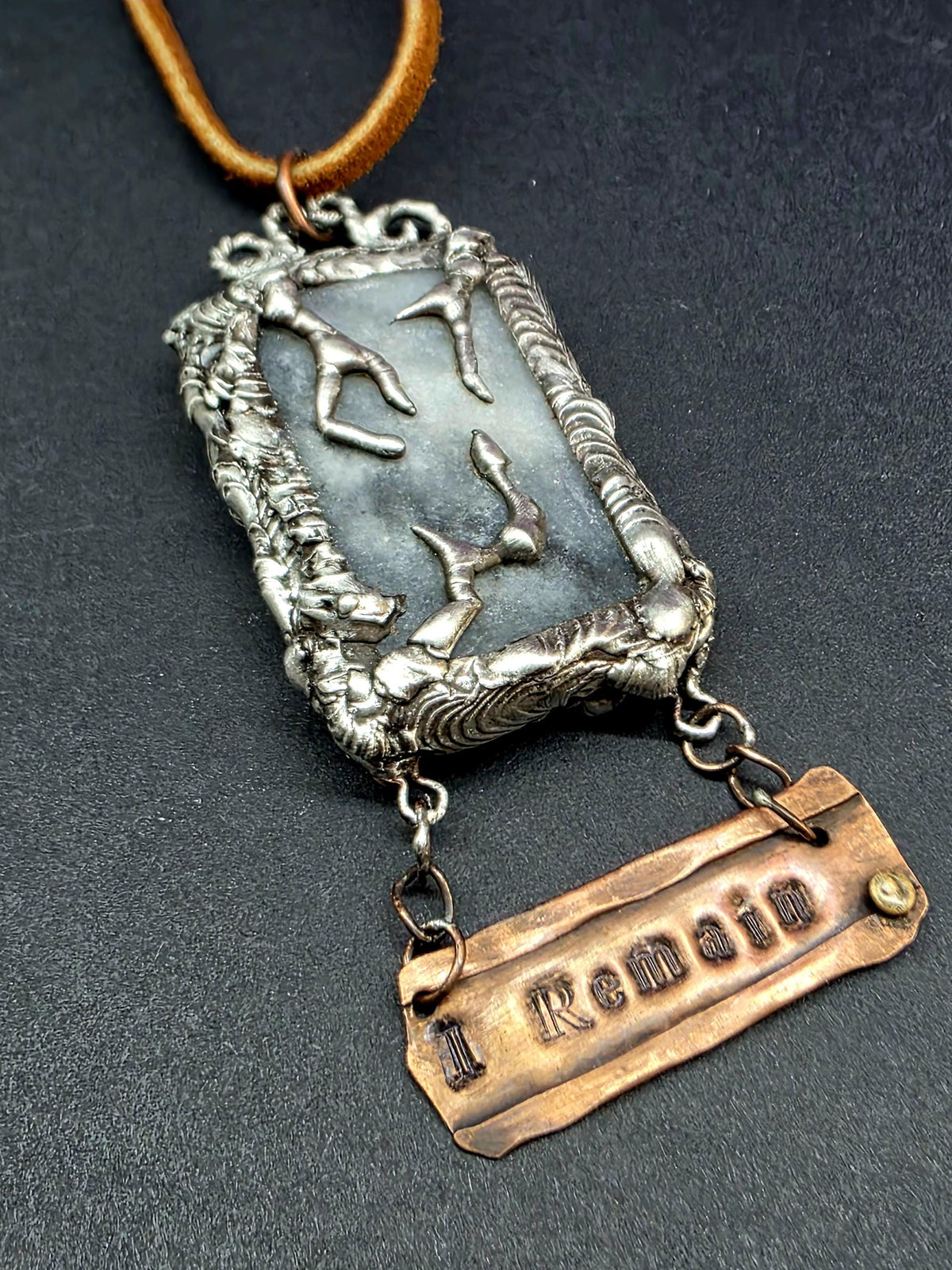 UNBROKEN After the Storm Necklace – Rustic Soldered Stone Pendant with Copper “I Remain” Bar, Survivor Jewelry, Raw Metal Artisan Necklace