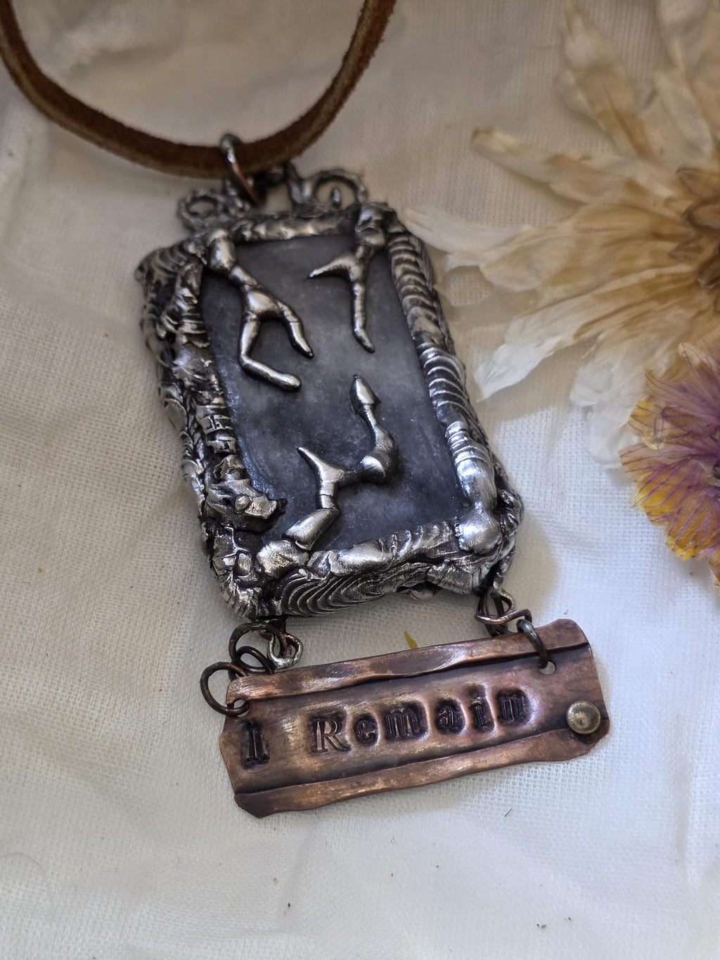 UNBROKEN After the Storm Necklace – Rustic Soldered Stone Pendant with Copper “I Remain” Bar, Survivor Jewelry, Raw Metal Artisan Necklace