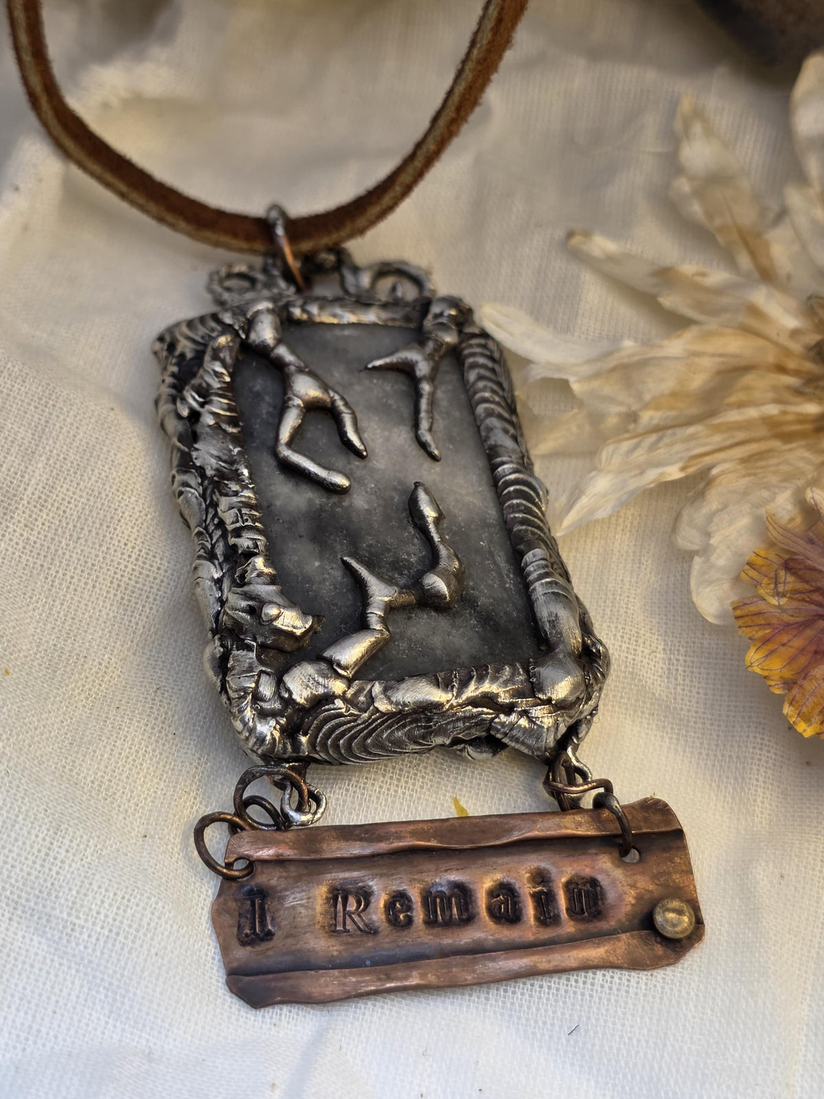 UNBROKEN After the Storm Necklace – Rustic Soldered Stone Pendant with Copper “I Remain” Bar, Survivor Jewelry, Raw Metal Artisan Necklace