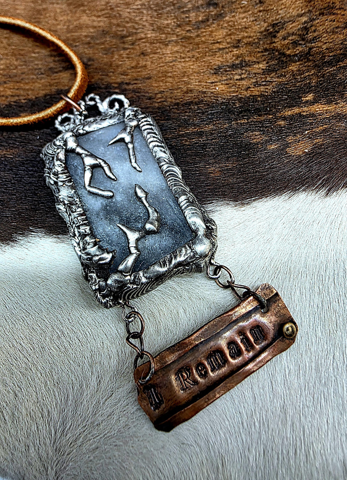 UNBROKEN After the Storm Necklace – Rustic Soldered Stone Pendant with Copper “I Remain” Bar, Survivor Jewelry, Raw Metal Artisan Necklace