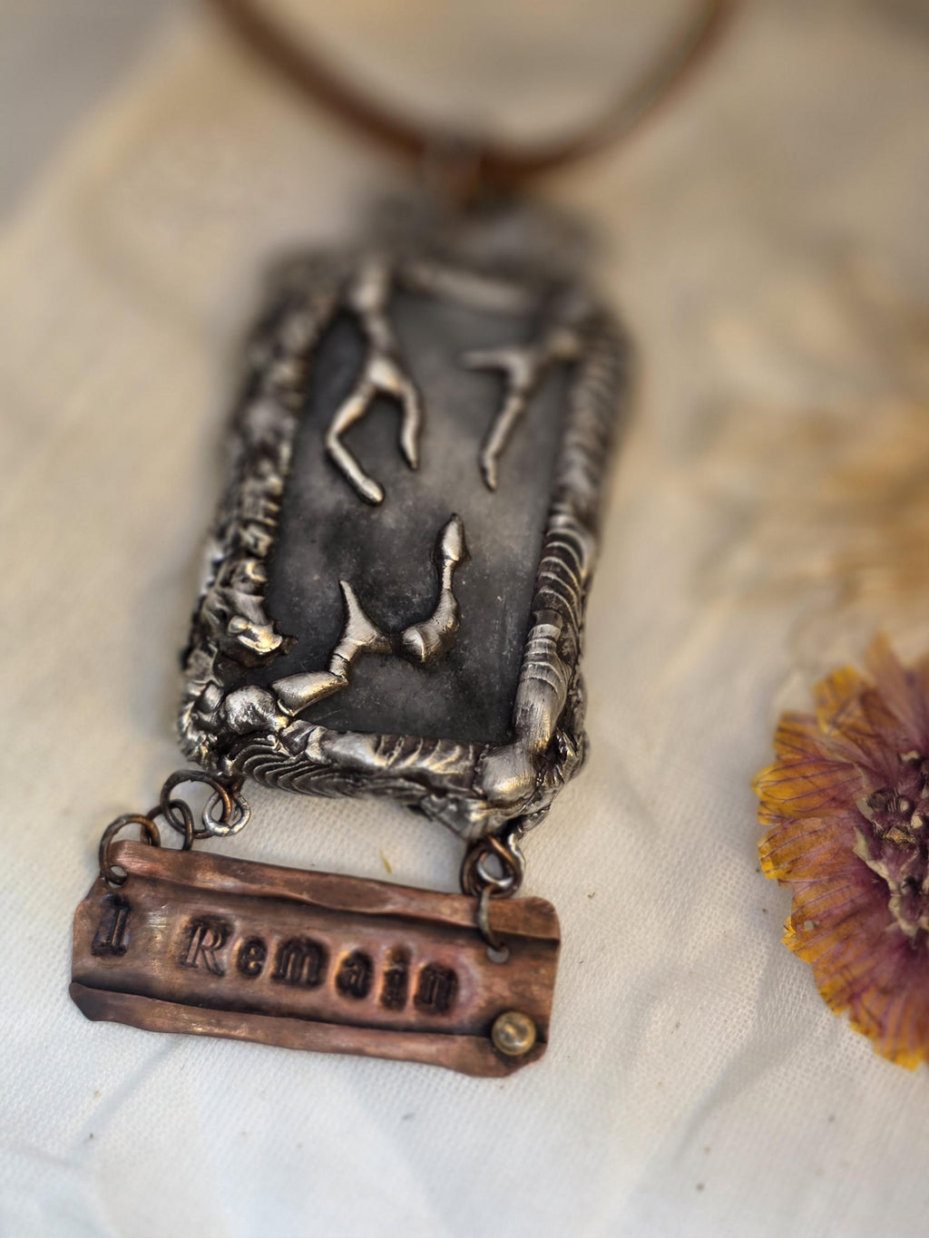 UNBROKEN After the Storm Necklace – Rustic Soldered Stone Pendant with Copper “I Remain” Bar, Survivor Jewelry, Raw Metal Artisan Necklace