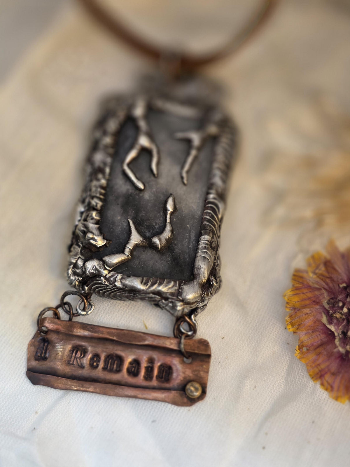 UNBROKEN After the Storm Necklace – Rustic Soldered Stone Pendant with Copper “I Remain” Bar, Survivor Jewelry, Raw Metal Artisan Necklace