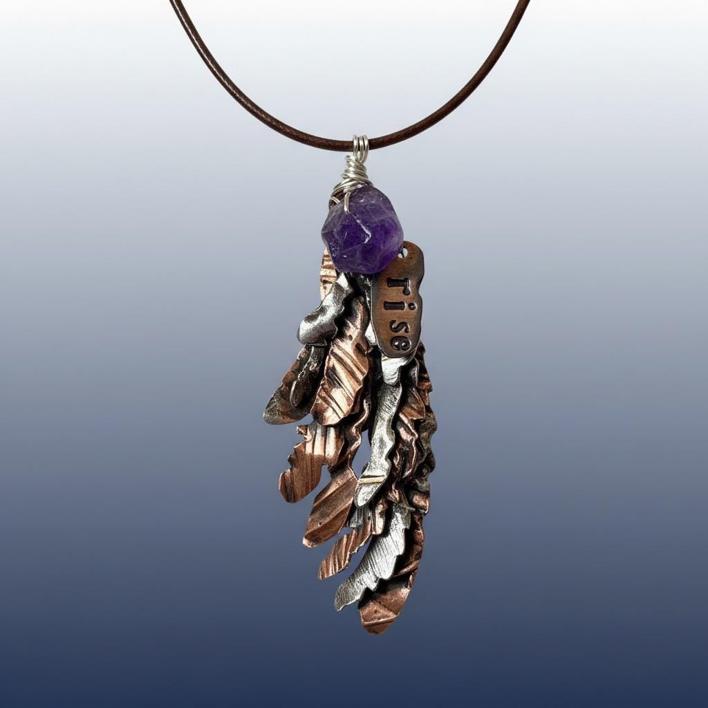 Second Wind Wing Necklace – Hand Forged Copper & Silver Feather Pendant with Amethyst, Rustic Artisan Jewelry, Resurgent Collection