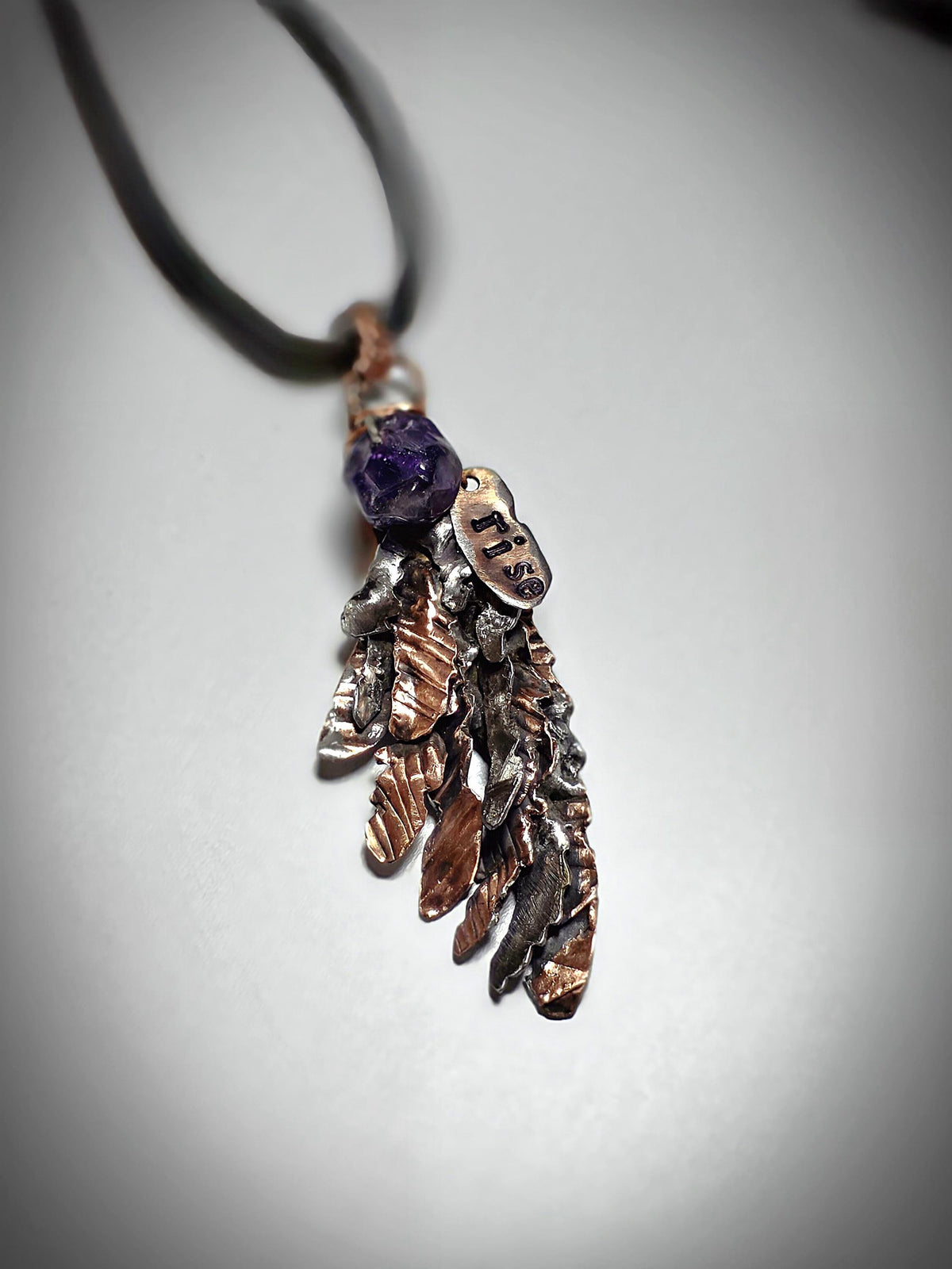 Second Wind Wing Necklace – Hand Forged Copper & Silver Feather Pendant with Amethyst, Rustic Artisan Jewelry, Resurgent Collection