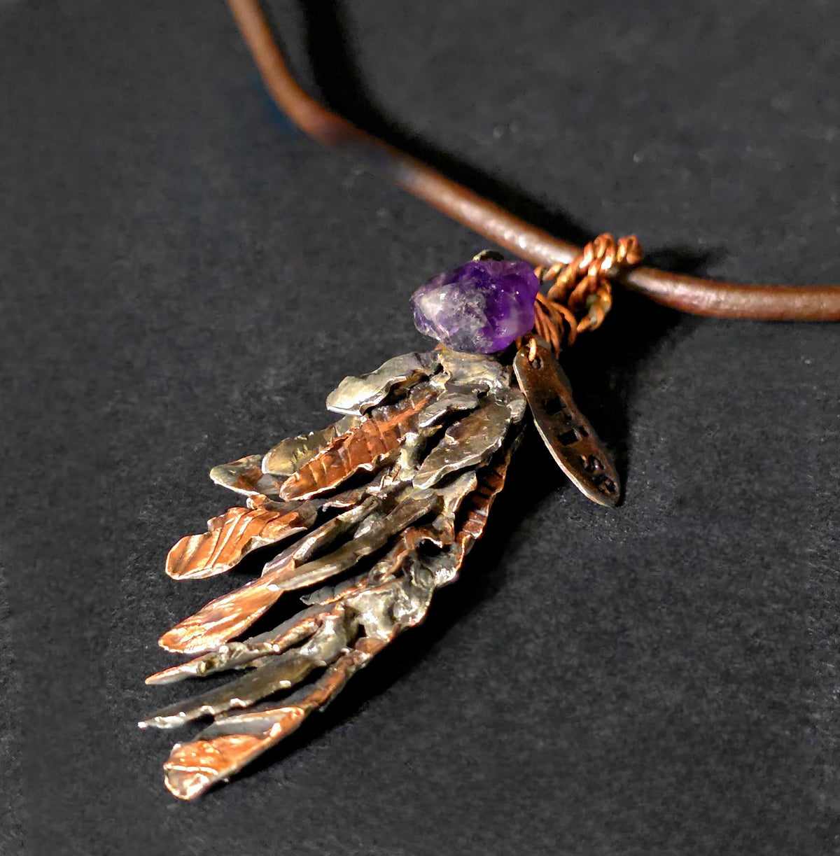 Second Wind Wing Necklace – Hand Forged Copper & Silver Feather Pendant with Amethyst, Rustic Artisan Jewelry, Resurgent Collection