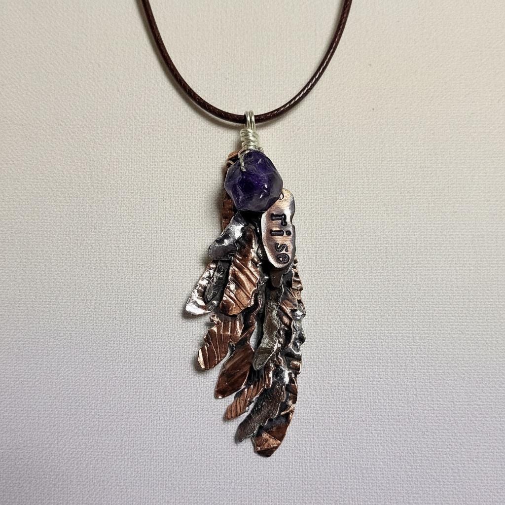 Second Wind Wing Necklace – Hand Forged Copper & Silver Feather Pendant with Amethyst, Rustic Artisan Jewelry, Resurgent Collection