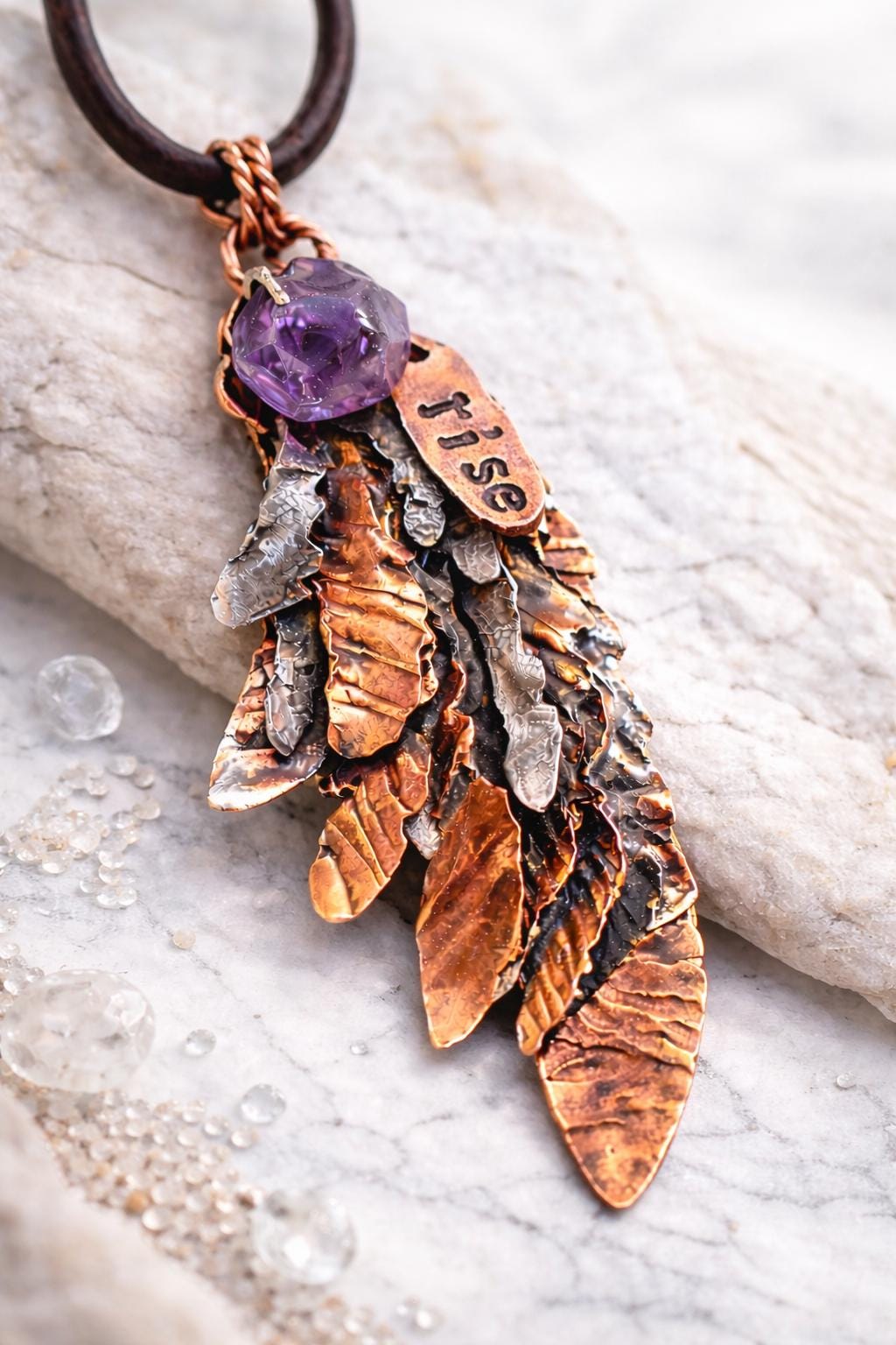 Second Wind Wing Necklace – Hand Forged Copper & Silver Feather Pendant with Amethyst, Rustic Artisan Jewelry, Resurgent Collection
