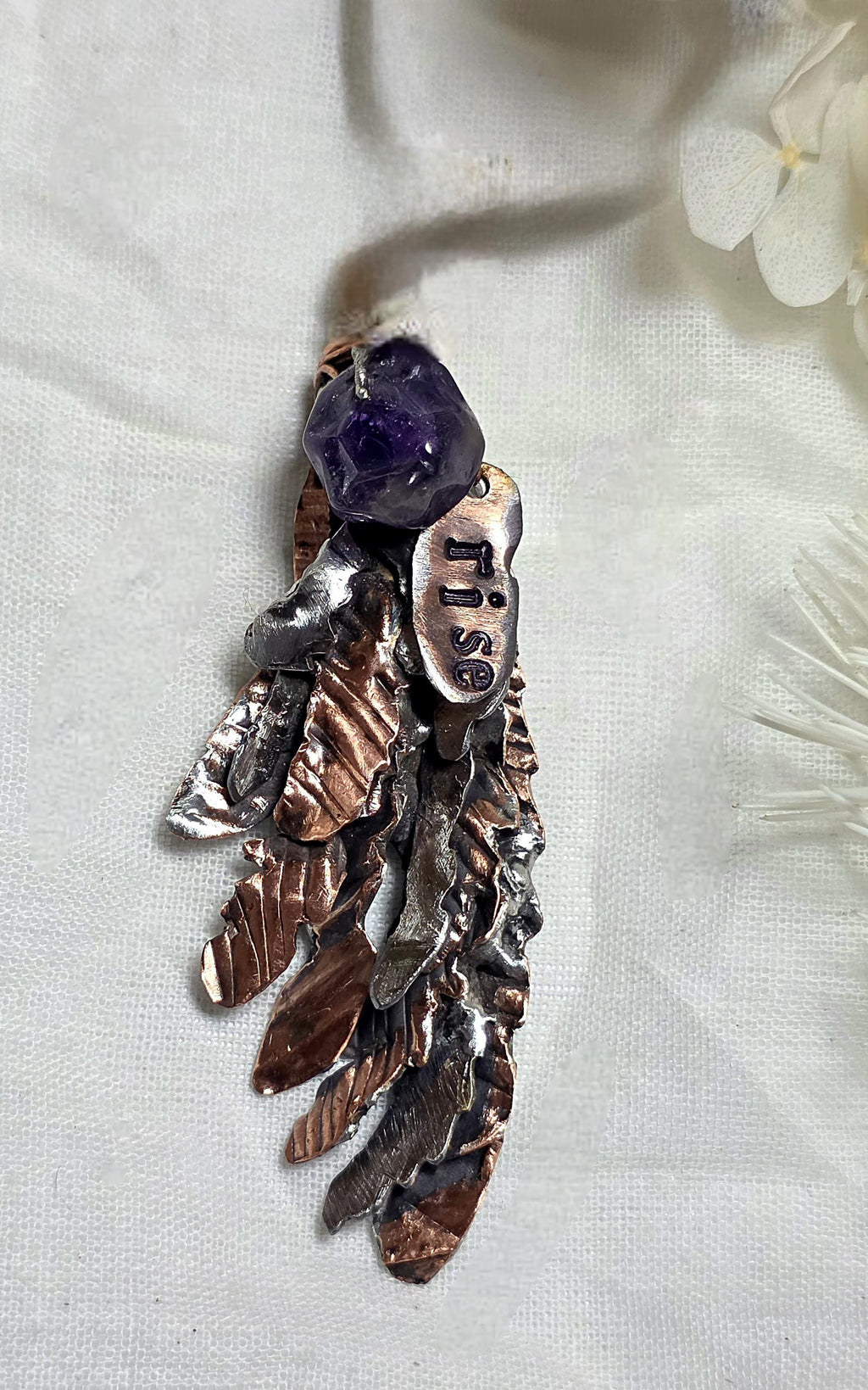 Second Wind Wing Necklace – Hand Forged Copper & Silver Feather Pendant with Amethyst, Rustic Artisan Jewelry, Resurgent Collection