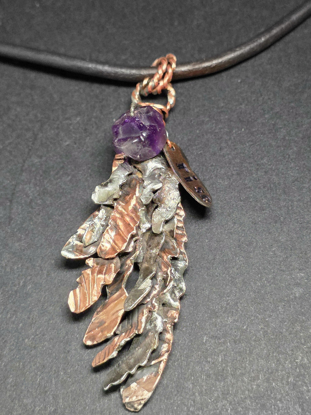 Second Wind Wing Necklace – Hand Forged Copper & Silver Feather Pendant with Amethyst, Rustic Artisan Jewelry, Resurgent Collection